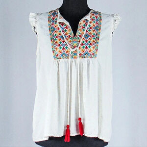 Aruba Blue Sleeveless Blouse, Ruffled Detail, Floral Embroidery sz M